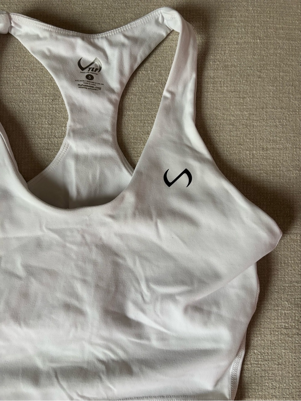 TLF White Racerback athletic top with built-in Sports Bra